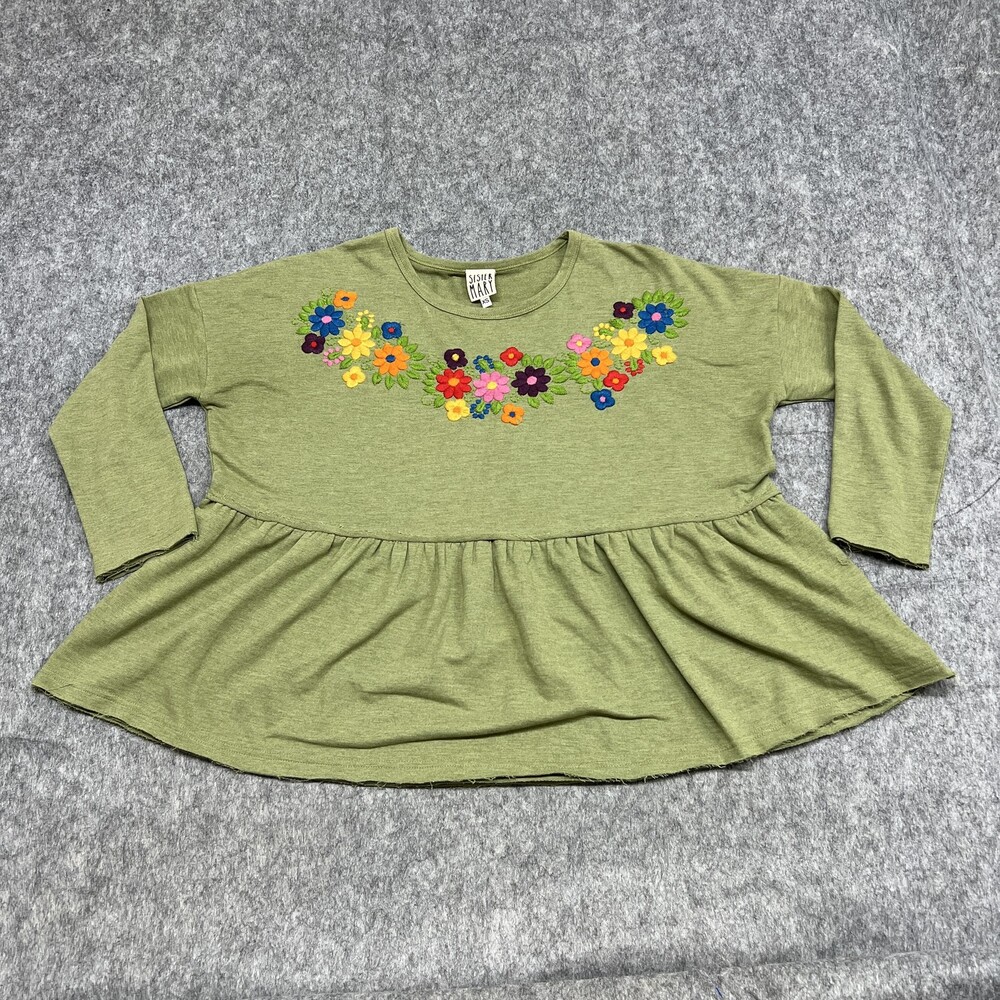 Sister Mary Tunic Womens XS Green Floral Embroidered Peplum Babydoll Top Boho